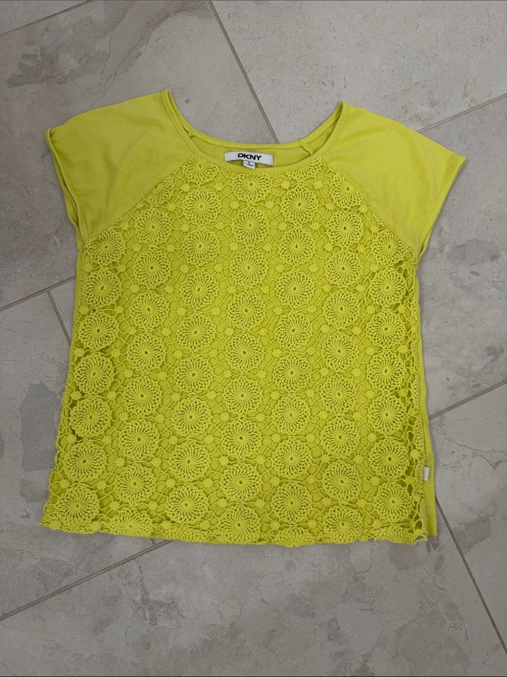 DKNY girls Neon Yellow Crochet Front Short Sleeve Tee